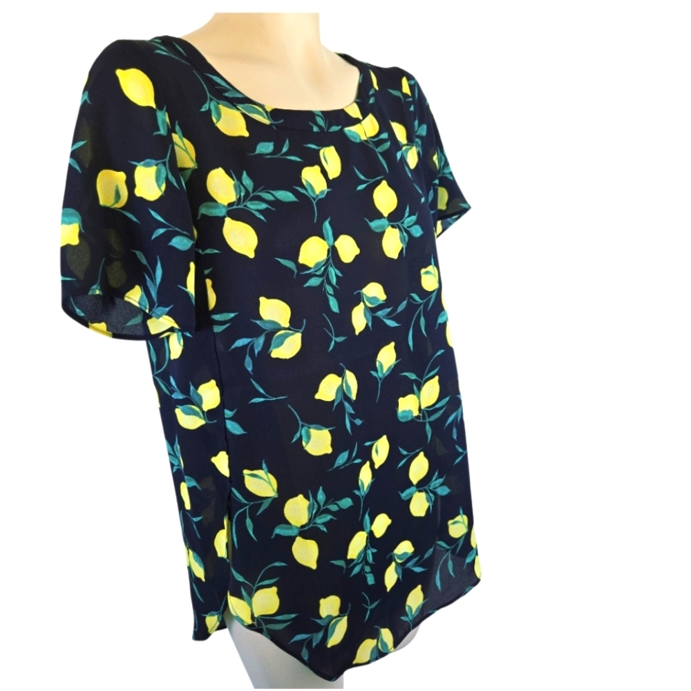 BANANA REPUBLIC Lemon Print Short Sleeve Blouse‎ Navy Yellow Flowy X Small New